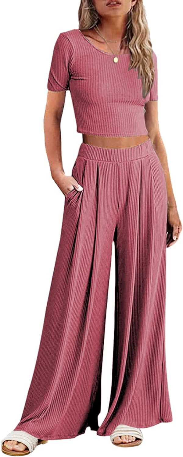 Ekouaer Women’s 2 Piece Lounge Sets Short Sleeve Pajama Set Ribbed Knit Crop Top Wide Leg Pants Loungewear S-XXL