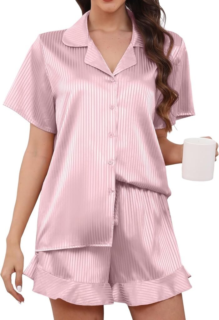 Women’s Satin Pajamas, Short Sleeve Top and Shorts Sleepwear Set Pajamas,Relaxed 2-Piece Pajamas XS-XXL