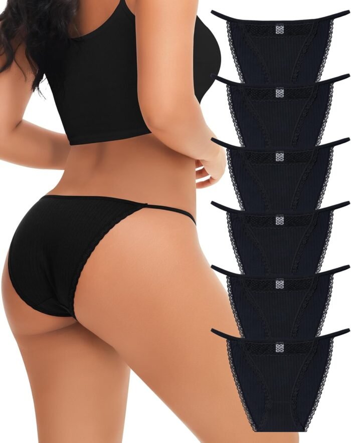 LEVAO Cotton Underwear for Women Sexy String Bikini Lace Cut Out Panties Stretch Ladies Cheeky Briefs 6 Pack S-XL