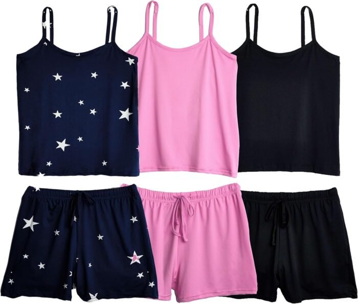 Real Essentials 3 Pack: Women’s Super Soft Pajama Set – Cute Cami Lounge Short and Top PJs Set (Available in Plus Size)