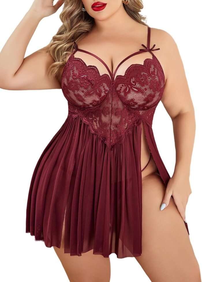 Avidlove Plus Size Lingerie Lace Babydoll Womens Strap Chemise Nightgown V Neck Nighty Mesh Sleepwear Side Slit Nightdress