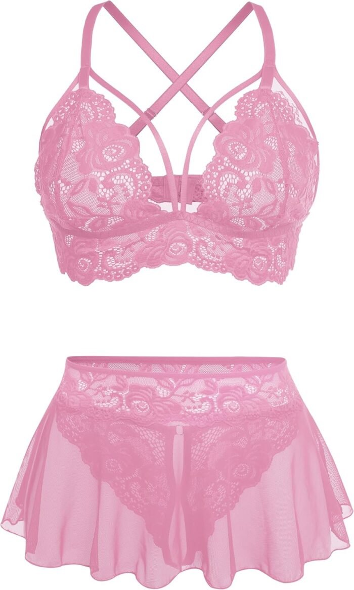 Sexy Lingerie for Women Naughty 3 Piece Bralette, Mini Skirt with G-String Crotchless Lingerie Set