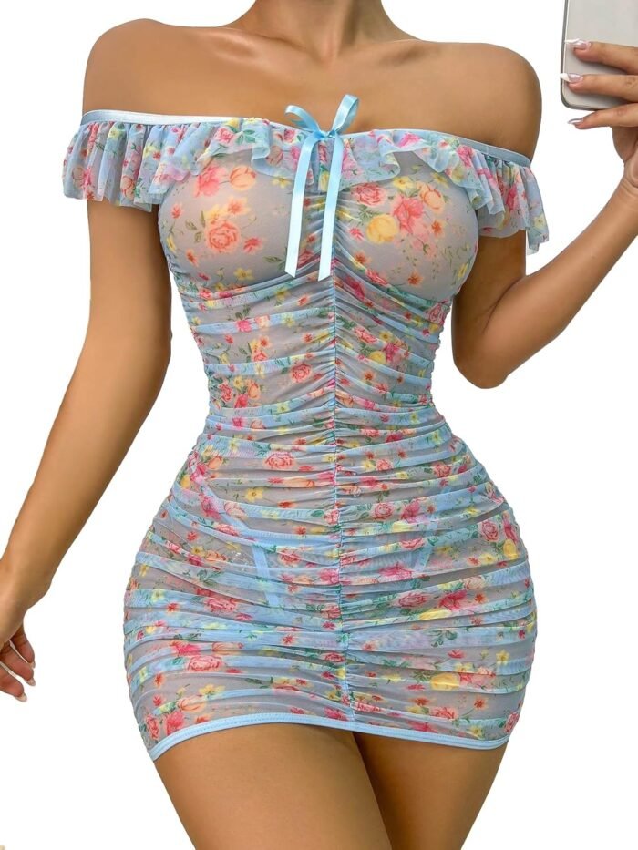 SOLY HUX Women’s Floral Print Ruched Mesh Babydoll Lingerie Sleepwear Chemise with Thong
