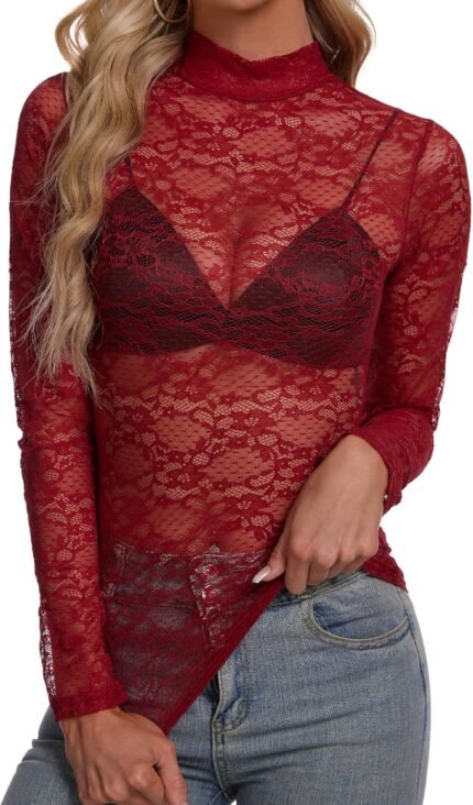 Lidogirl Women Lace Tops Long Sleeve Zipper Closure Floral Mesh Top Mock Neck Sheer Blouse S-2XL