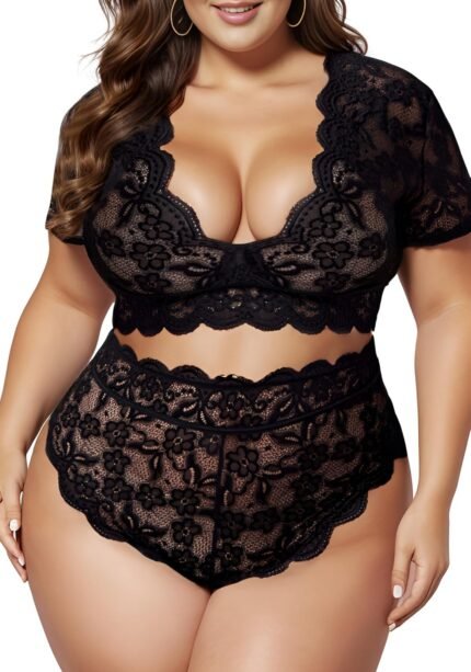 Plus Size 2 Piece Lingerie Set for Women Sexy Deep V Allover Lace Bra and Panty High Waist Nightwear Clubwear