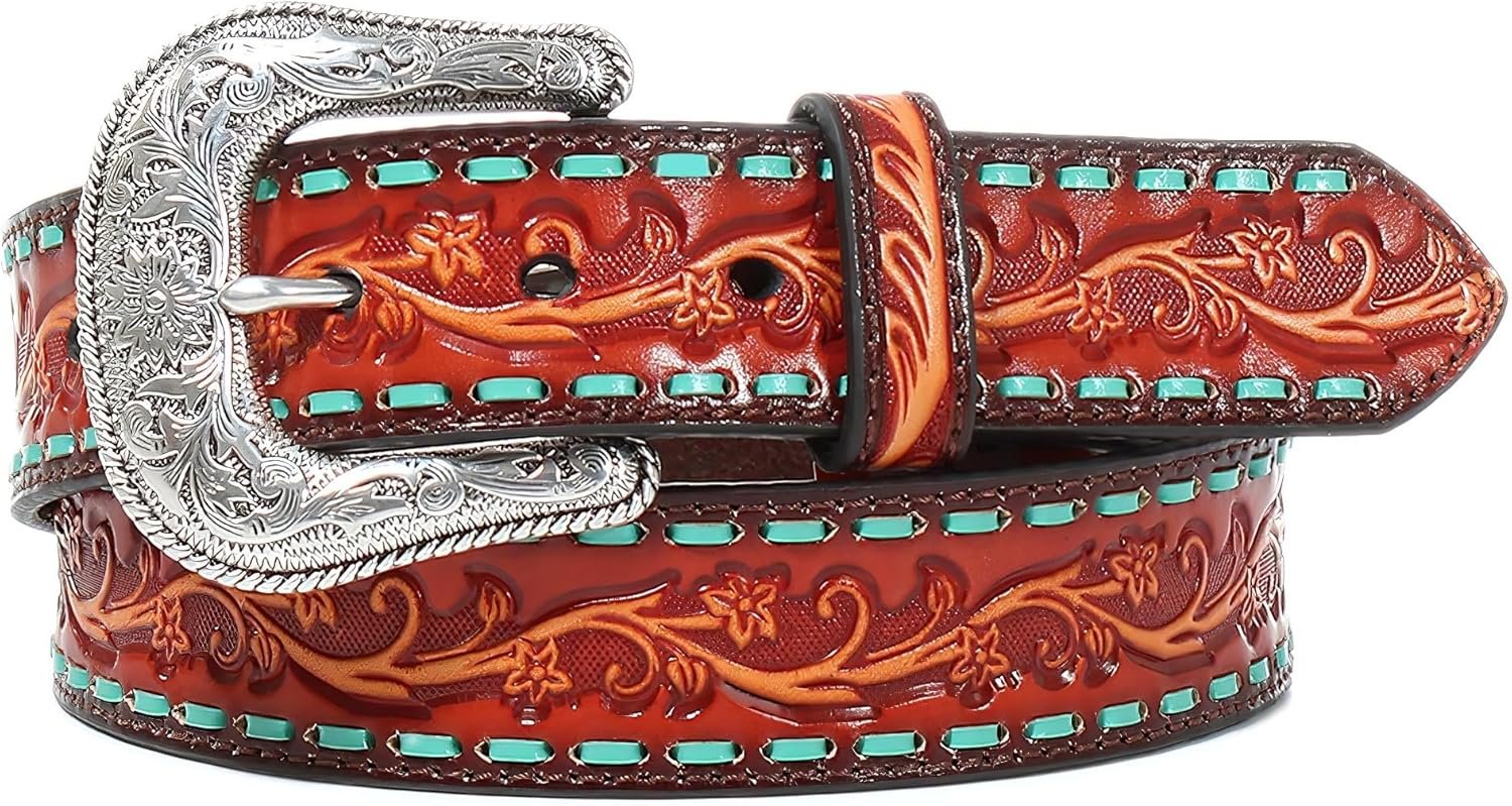 ARIAT Women’s Belt, Brown with Turquoise Buck Lace Stitching, Tooled Floral Design, Removable Buckle