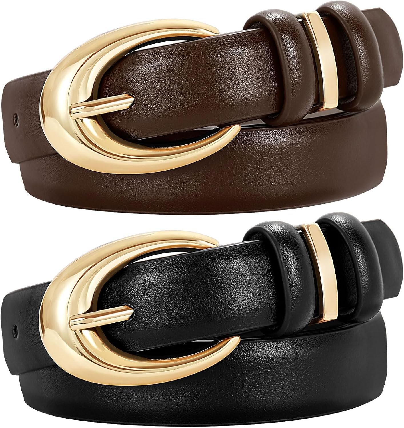 2 Pack Women Leather Belt for Jeans Pants Fashion Ladies Skinny Faux Leather Belt with Gold Buckle