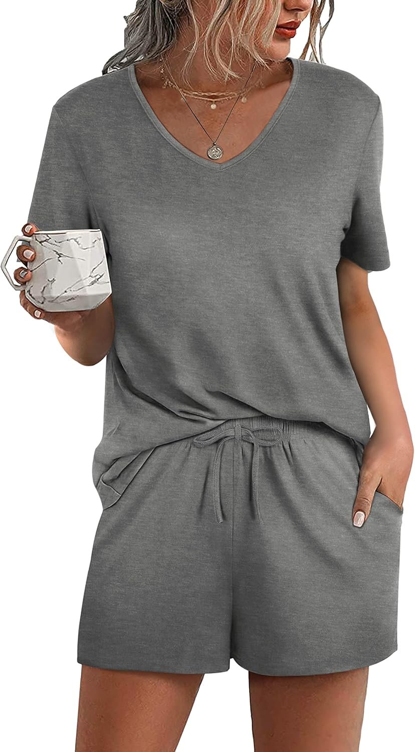 Aloodor Lounge Set for Women 2 Piece Outfits Short Sleeve V Neck Pjs Sleepwear Soft Aloodor Lounge Set for Women 2 Piece Outfits Short Sleeve V Neck Pjs Sleepwear Soft