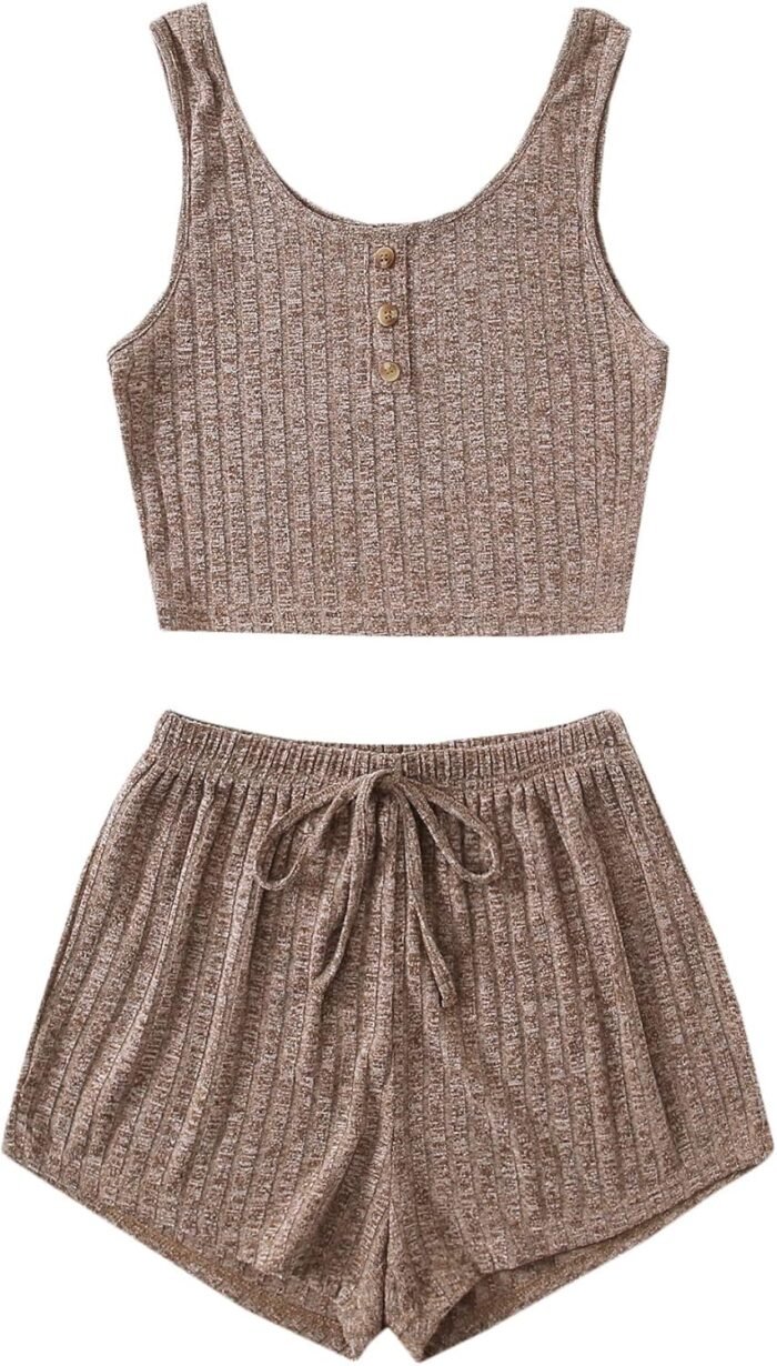 SOLY HUX Women’s Button Front Ribbed Knit Tank Top and Shorts Pajama Set Sleepwear Lounge Sets