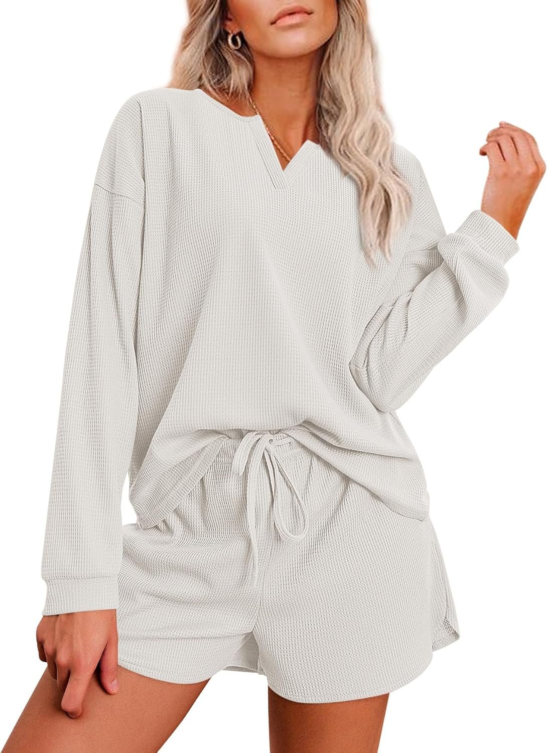 Ekouaer Pajama Set for Women Waffle Knit Lounge Sets Long Sleeve Top and Shorts Matching Loungewear S-XXL