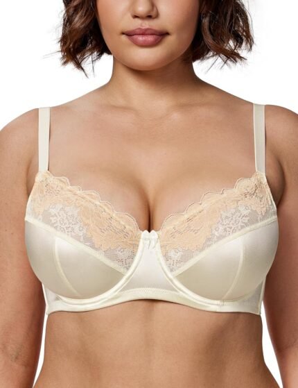 Wingslove Women’s Sexy Lace Bra Mesh Underwired Full Coverage Shelf Bra Unlined