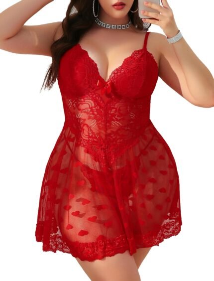 Women Plus Size Babydoll Lingerie Lace Chemise Mesh Sleepwear Strappy Sexy Nightgown Boudoir Outfit L-4XL