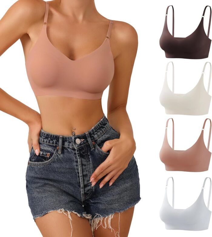 DEANGELMON V Neck Bra Padded Seamless Adjustable Straps Bralettes Everyday Basic Sleeping Bras Multiple Pack