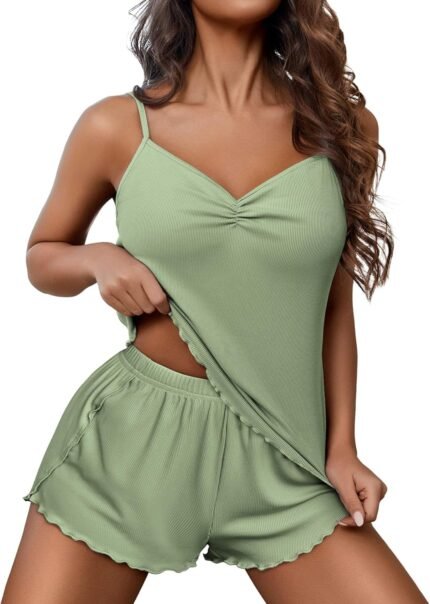 Ekouaer Womens Cami Pajama Sets 2 Piece Ribbed Knit Lingerie Sleeveless Tank Top and Shorts Camisole Pjs Sleepwear