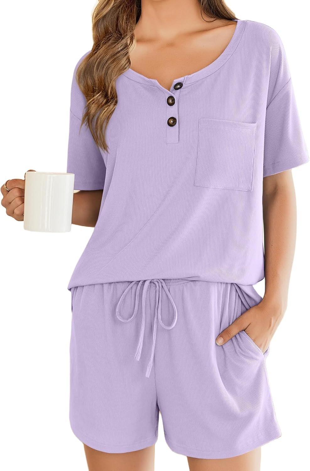 Ekouaer Womens Pajamas Ribbed Knit Sleepwear Soft 2 Piece Lounge Set Short Sleeve Shorts Set Loungewear