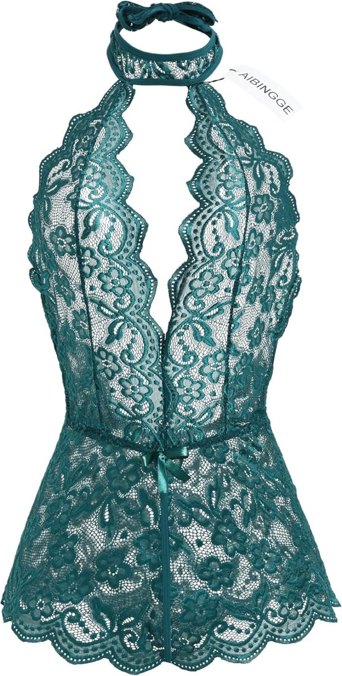 Women One Piece Black Lace sexy Lingerie Teddy, Halter Neckline, Bow Accents