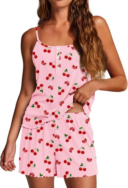 Ekouaer Pajamas for Women Set Lingerie Pjs 2 Piece Cami Sleepwear Ribbed Knit Shorts Set