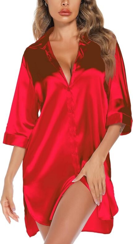Anjue Satin Nightgown For Women 3/4 Sleeve Silk Nightshirt Button Down Pajamas Dress Boyfriend Sleepshirt Anjue Satin Nightgown For Women 3/4 Sleeve Silk Nightshirt Button Down Pajamas Dress Boyfriend Sleepshirt