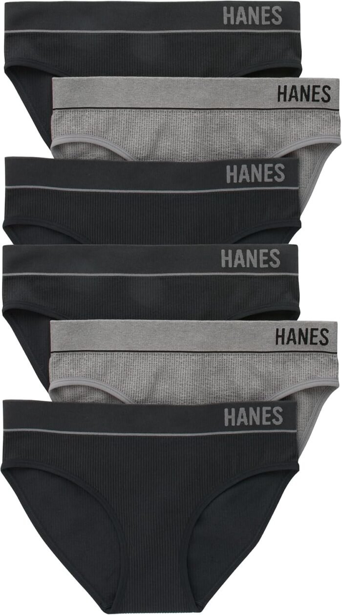 Hanes Women’s Originals Seamless Stretch Rib Bikini Panties Pack, Assorted Colors, 6-Pack