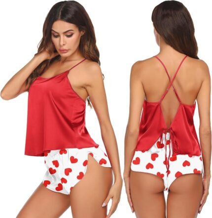 Ekouaer Silk Pajamas Set for Women Satin Backless Lingerie Pjs Cami Top and Shorts Nightwear