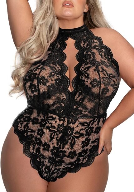 Plus Size Sexy Lingerie for Women Plunge High Neck Sheer Lace Trim Cut Out One Piece Backless Halter Teddy L-4XL