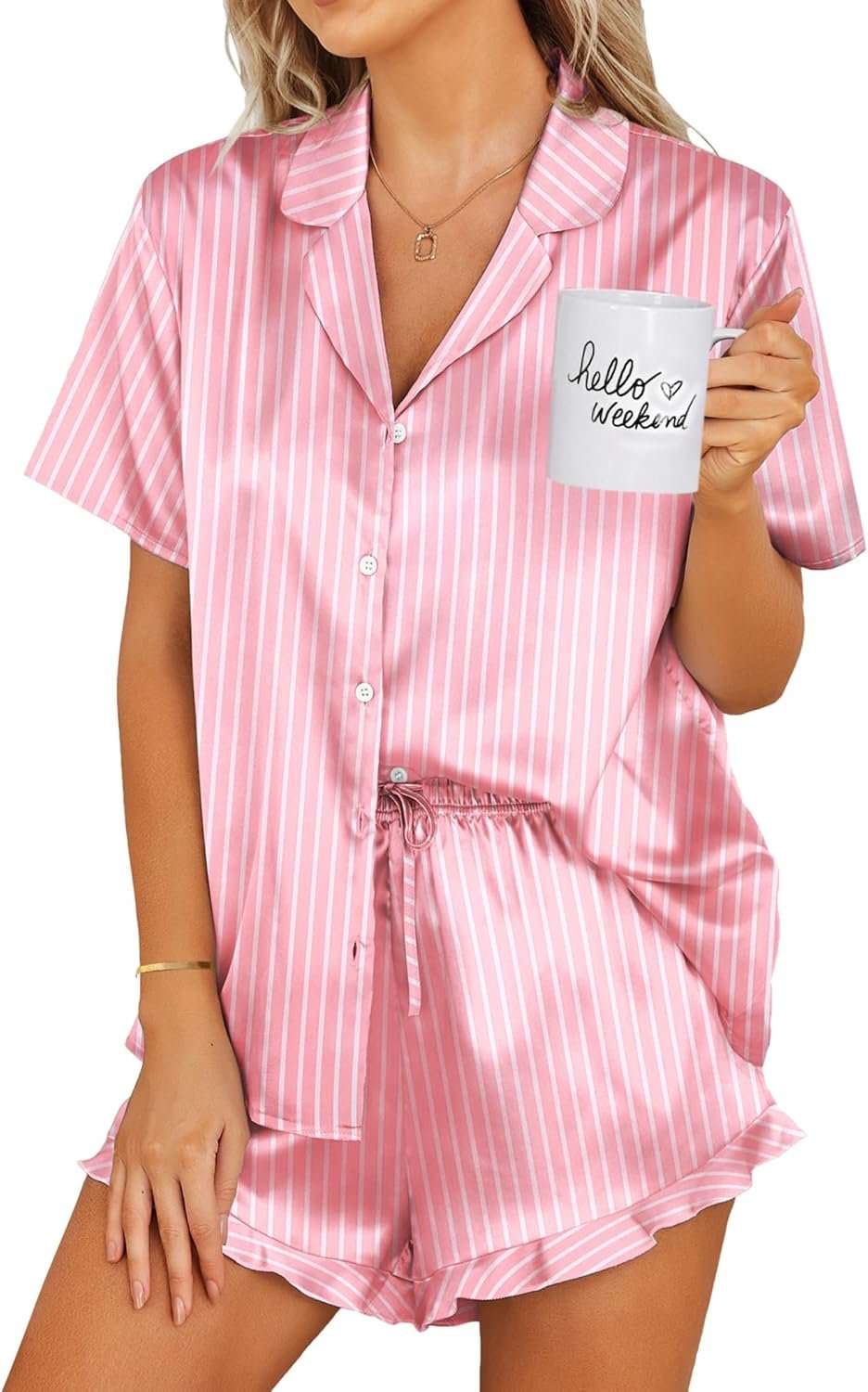 Ekouaer Womens Satin Pajamas Set Button Down 2 Piece Silk Pjs Shorts Set Ruffle Lingerie Notch Collar Sleepwear Ekouaer Womens Satin Pajamas Set Button Down 2 Piece Silk Pjs Shorts Set Ruffle Lingerie Notch Collar Sleepwear