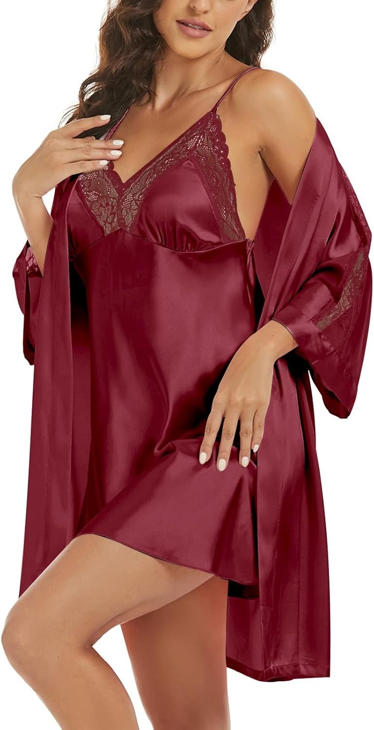 Women’s Silk Pajama Sets Satin Robe with Nightgown 2 Piece Sleepwear Sexy Lace Cami Nightwear Kimono Bridesmaid Robes Women’s Silk Pajama Sets Satin Robe with Nightgown 2 Piece Sleepwear Sexy Lace Cami Nightwear Kimono Bridesmaid Robes