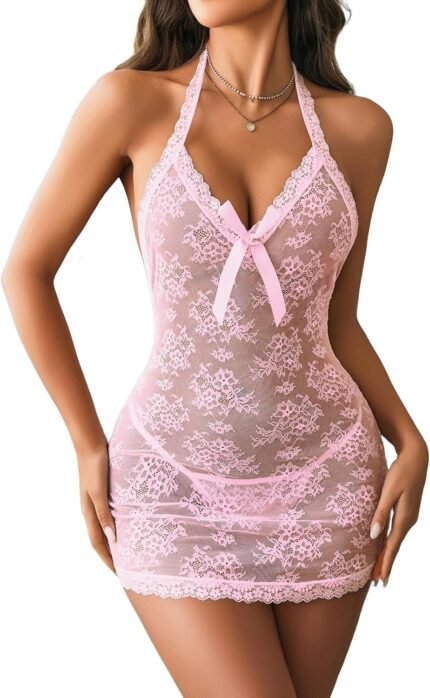 Avidlove Lingerie for Women Sexy Lace Babydoll Pearls Chemise Mesh Lingerie Dress Halter Boudoir Nightwear