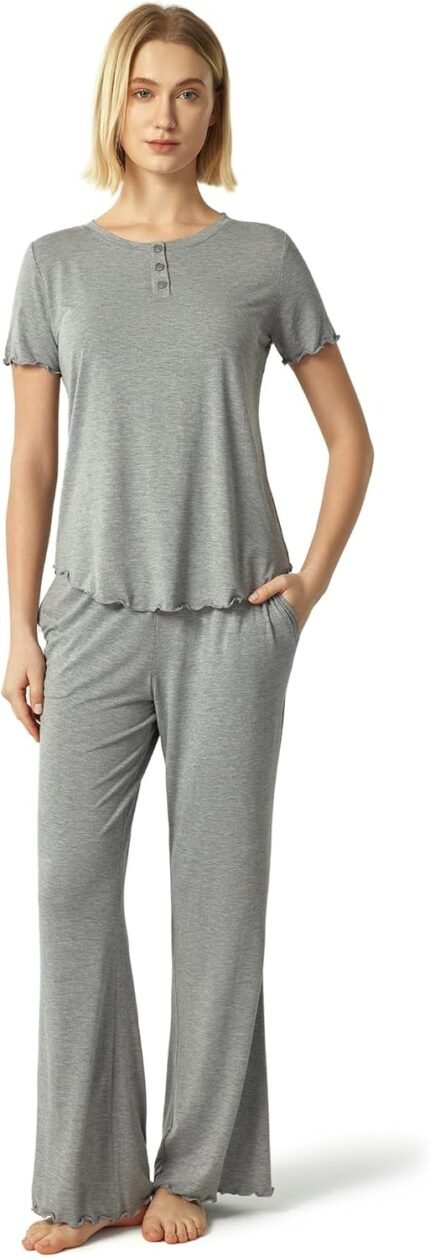 Bamboo Viscose Ladies’s Pajama Units Brief Sleeve High and Pants Two Piece Sleep Set