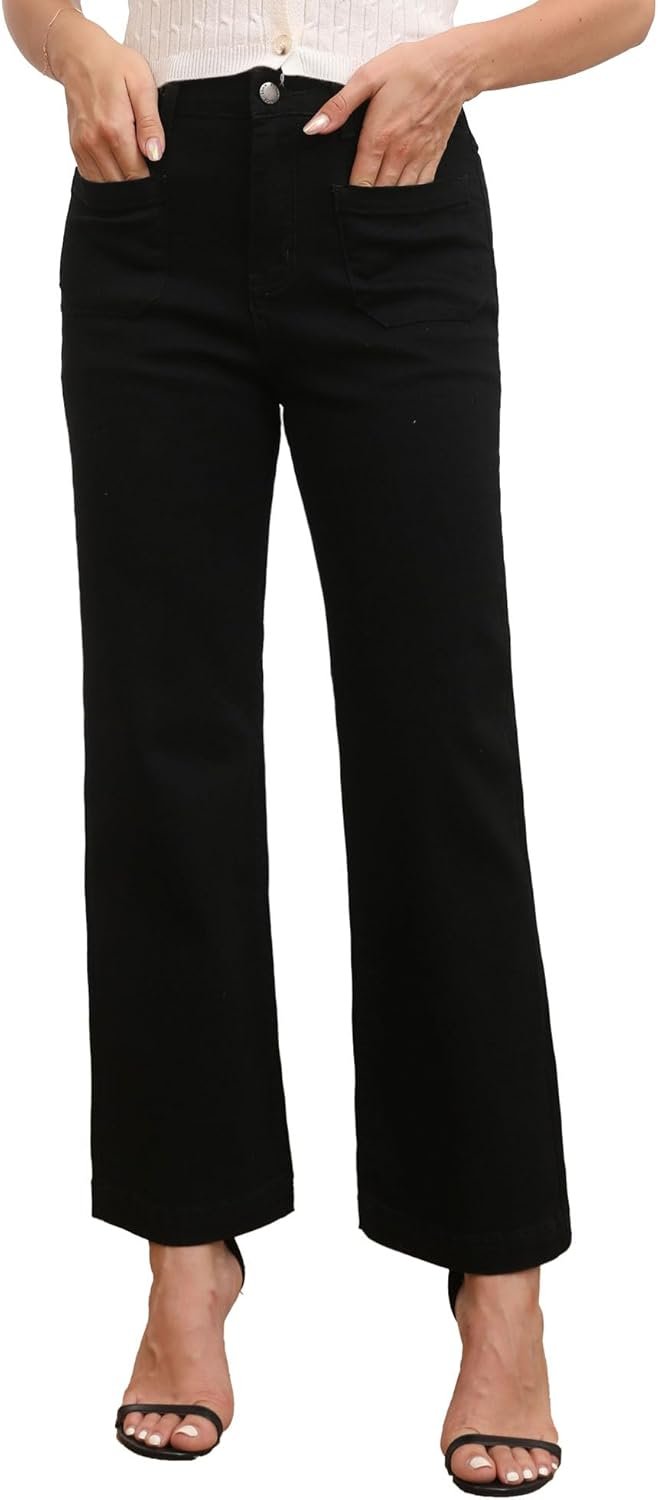 Girls’s Large Leg Denims Excessive Waisted Stretchy Cropped Flare Denims with Patch Pockets