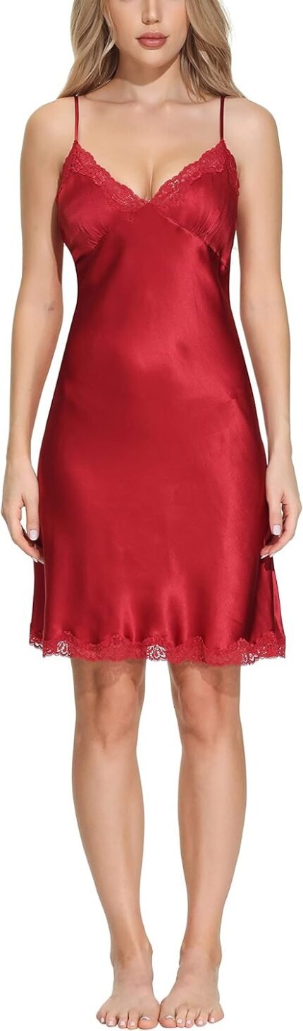 Ladies’s Luxurious Mulberry Silk Nightgown 100% Silk Slip Chemise Lingerie with Charming Lace