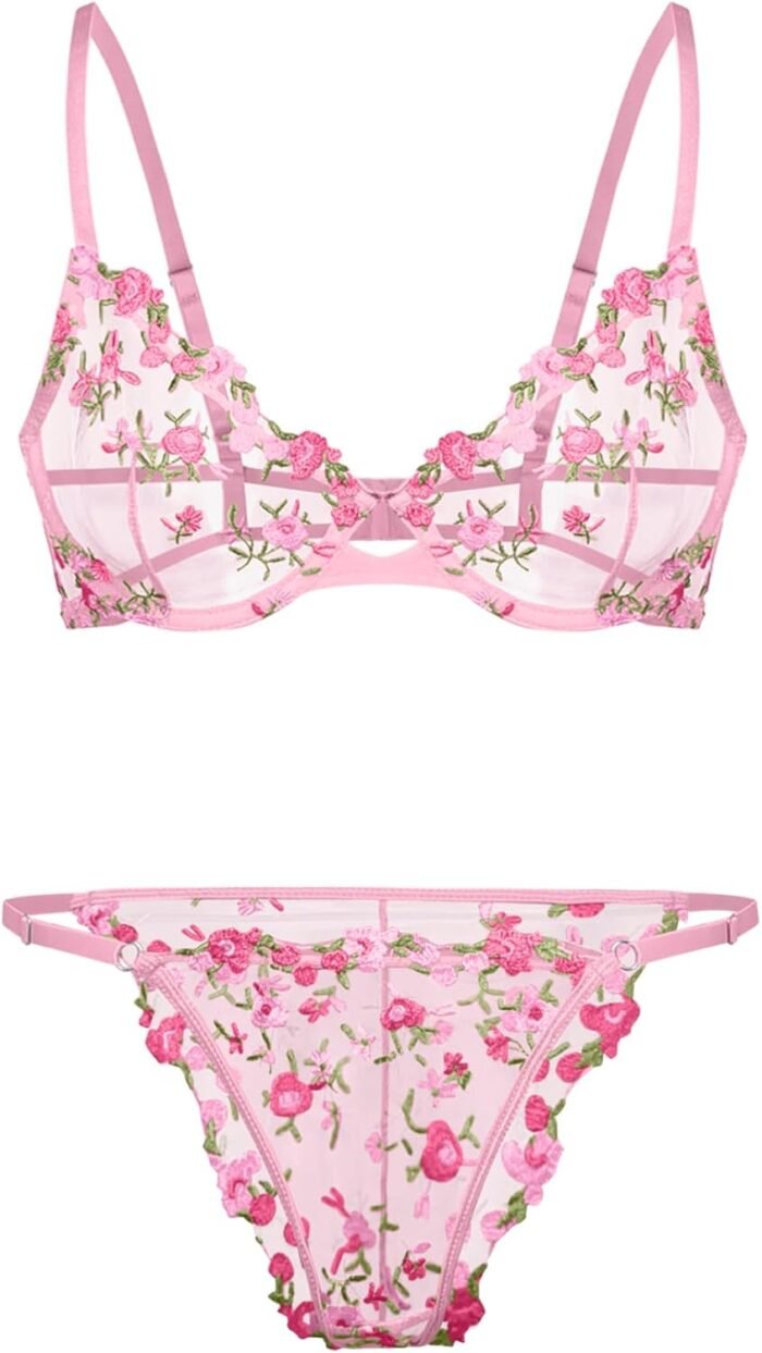Lilosy Attractive Floral Embroidered Mesh Sheer Underwire Lingerie Set