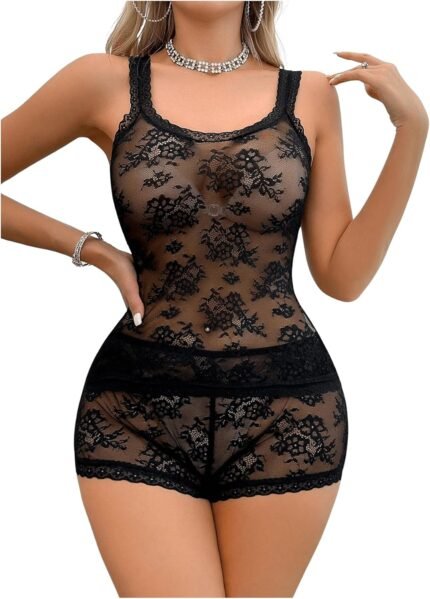 Girls’s 2 Piece Floral Lace Lingerie Set Sheer Mesh Camisoles Tops and Boyshorts Sleepwear