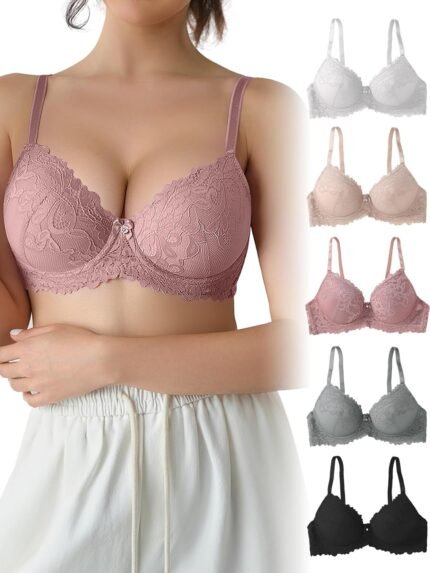 Girls’s Day by day Bra, 5 Pcs Romantic Lace Push-Up, Bra for Girls, On a regular basis Lingerie, for Small Breasts with Adjustable Match