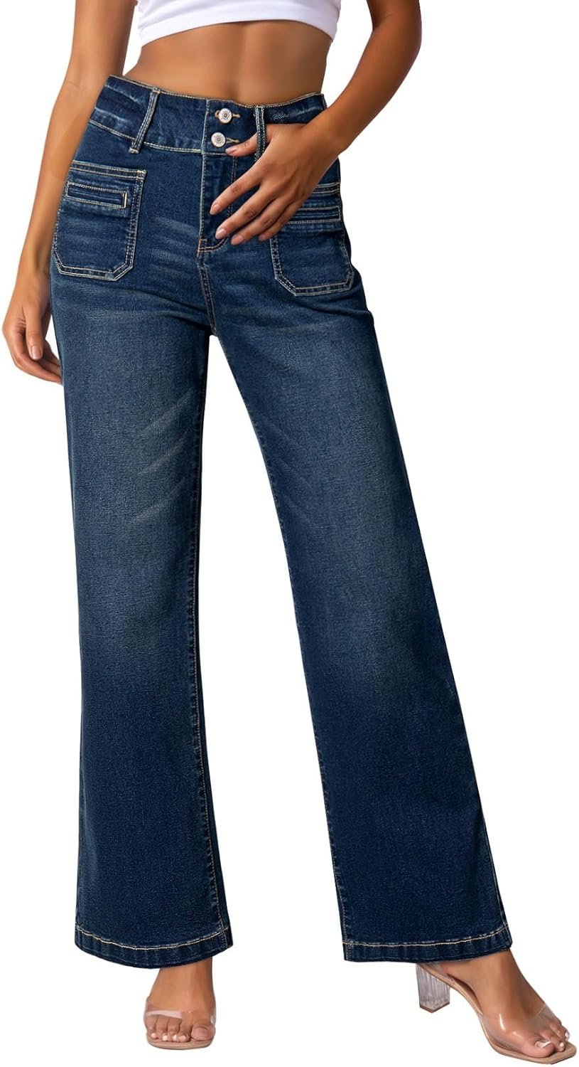 Sidefeel Ladies’s Vast Leg Denims Excessive Waisted Tummy Management Stretchy Pockets Entrance Zimbaplatinum Denims