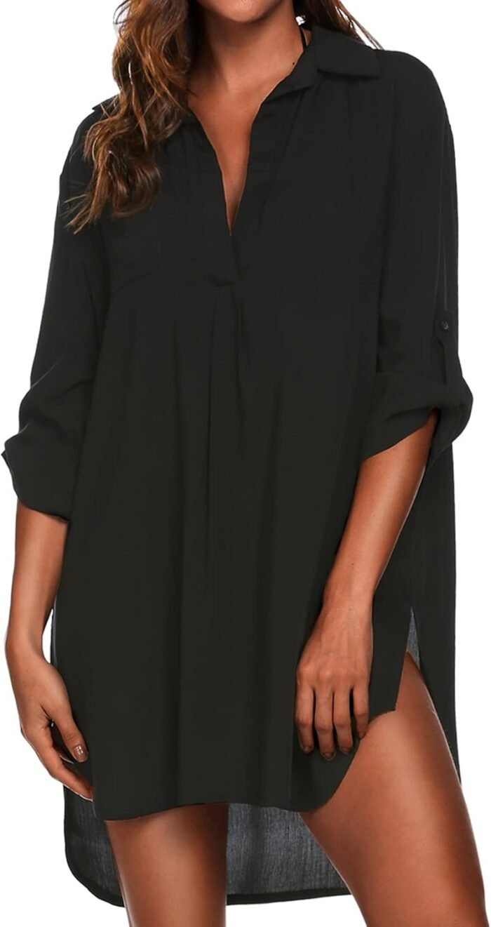 Ekouaer Seashore Cowl Ups for Ladies V Neck Bathing Swimsuit Cowl Up Bikini Swimsuit Coverup Seashore Costume Shirt S-3XL