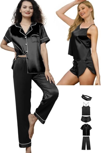 Womens Satin Silk 5Pcs Set Pajamas Attractive Cami Units Silky Pajama Units Sleepwear Lingerie Nightwear Pjs Loungewear