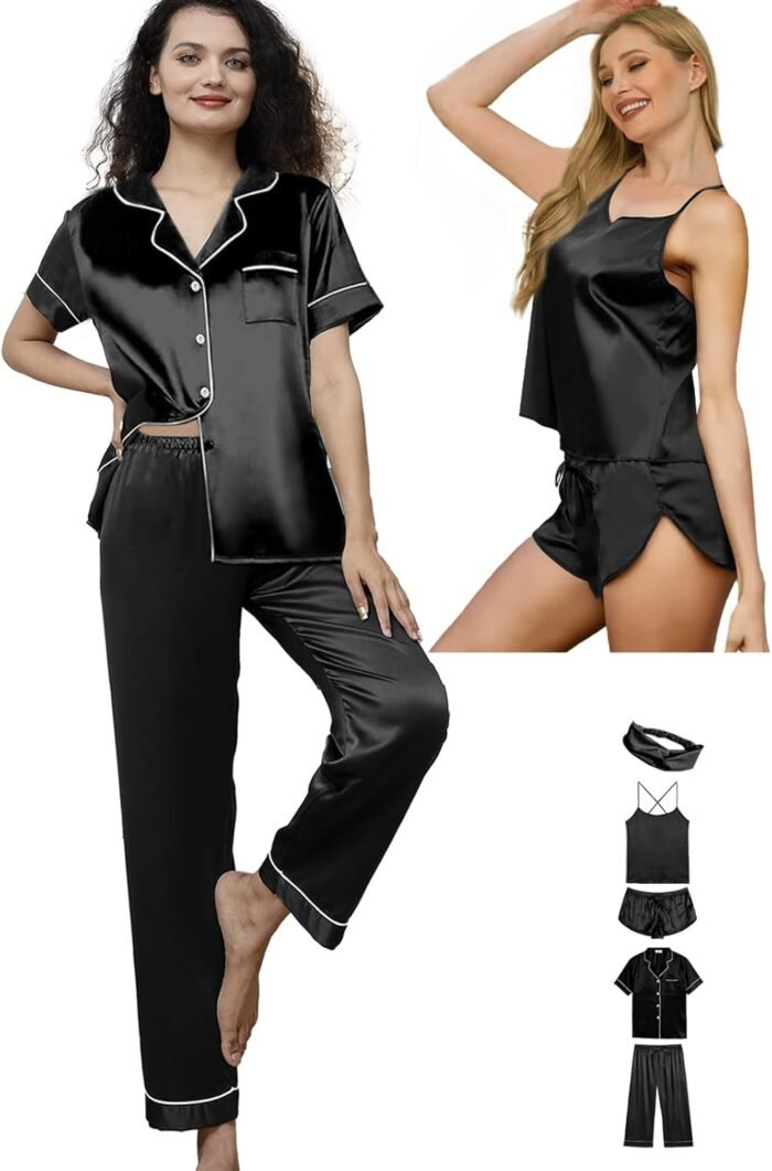 Womens Satin Silk 5Pcs Set Pajamas Attractive Cami Units Silky Pajama Units Sleepwear Lingerie Nightwear Pjs Loungewear