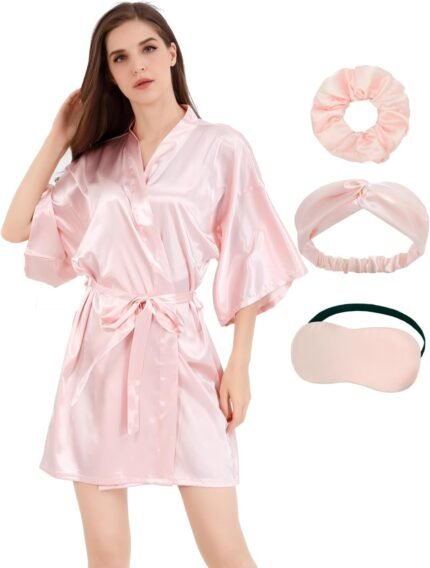 MORFORU Ladies Bride Bridesmaid Silky Satin Kimono Gown Stable Colour Sleepwear for Wedding ceremony Celebration Getting Prepared, Brief MORFORU Ladies Bride Bridesmaid Silky Satin Kimono Gown Stable Colour Sleepwear for Wedding ceremony Celebration Getting Prepared, Brief
