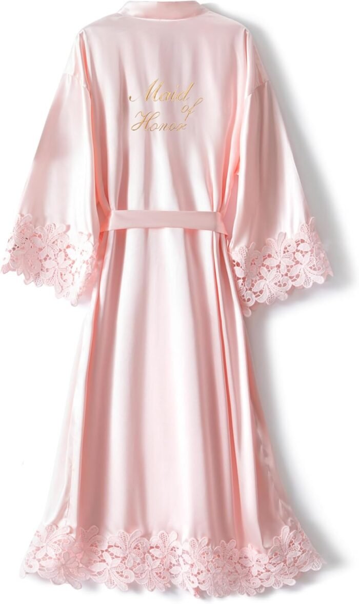 Crystal Dew Womens Lace Trim Lengthy Bridal Kimono Robes With Embroidery Bride Bridesmaid Satin Bathrobe Wedding ceremony Presents