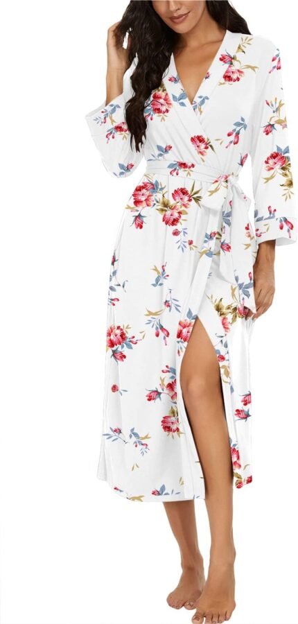 VINTATRE Girls Kimono Robes Lengthy Knit Bathrobe Light-weight Smooth Knit Sleepwear V-neck Informal Women Loungewear