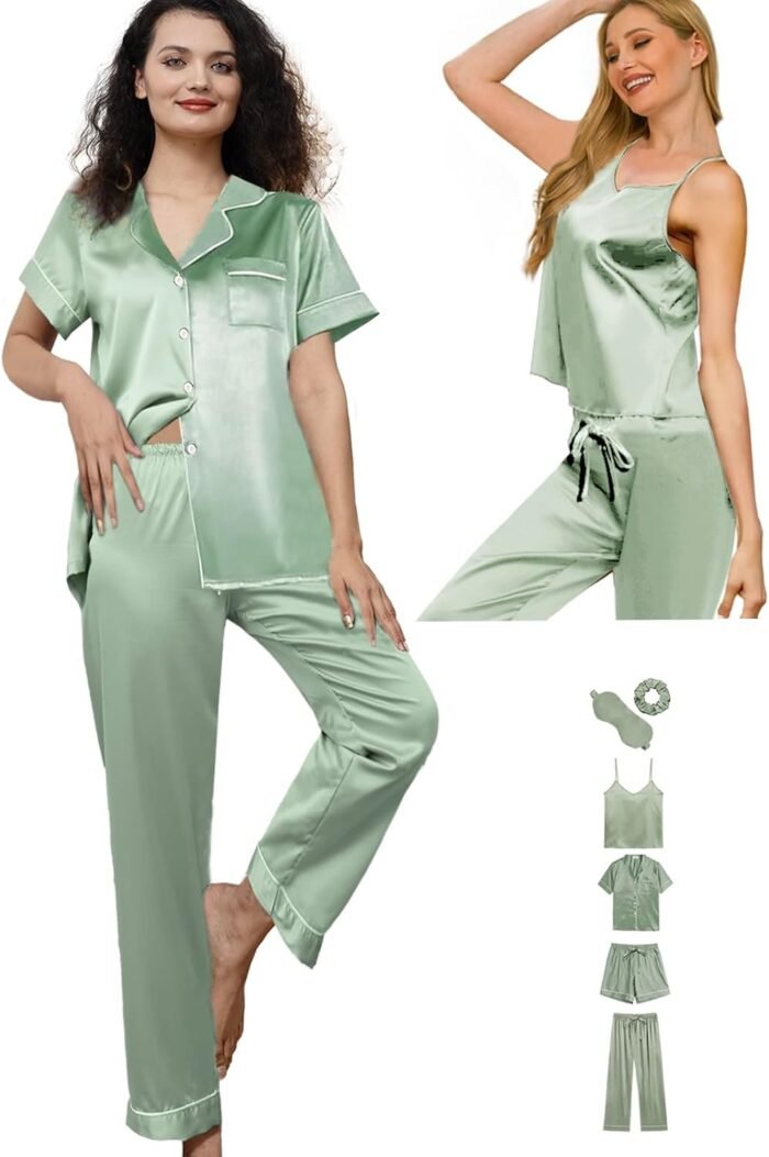 6Pcs Womens Silk Satin Pajama Units Pj Units Brief Pjs Set Pajamas Sleepwear Camisole Horny Cami