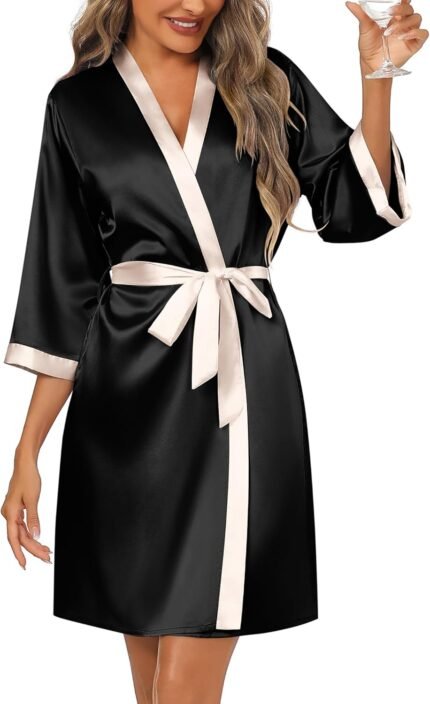 Ekouaer Girls’s Satin Robes Silk Kimono Bathrobe 3/4 Sleeve Bridal Bridesmaids Robes Comfortable Silky Sleepwear S-XXL