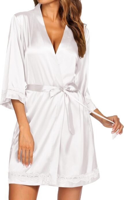 Ekouaer Girls’s Lace-Trim Silk Robes Bride Bridesmaid Kimono Satin Bathrobe V Neck Sleepwear with 3/4 Sleeve Ekouaer Girls’s Lace-Trim Silk Robes Bride Bridesmaid Kimono Satin Bathrobe V Neck Sleepwear with 3/4 Sleeve