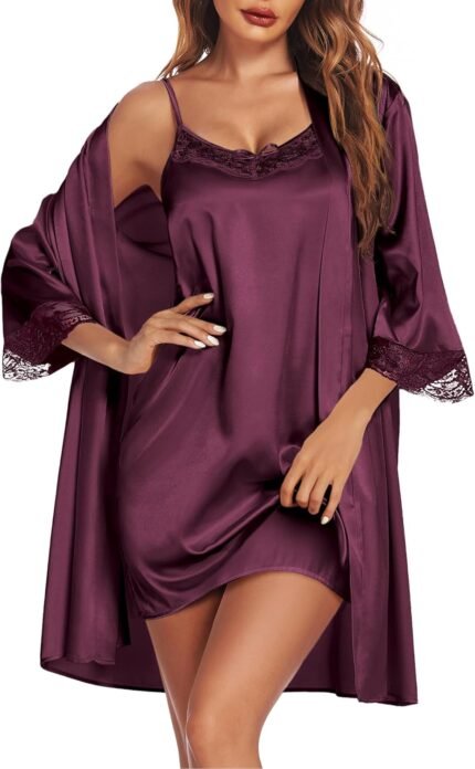 Ekouaer Sleepwear Ladies’s Satin Nightgown with Robes Set 2 Piece Attractive Lace Cami Nightwear