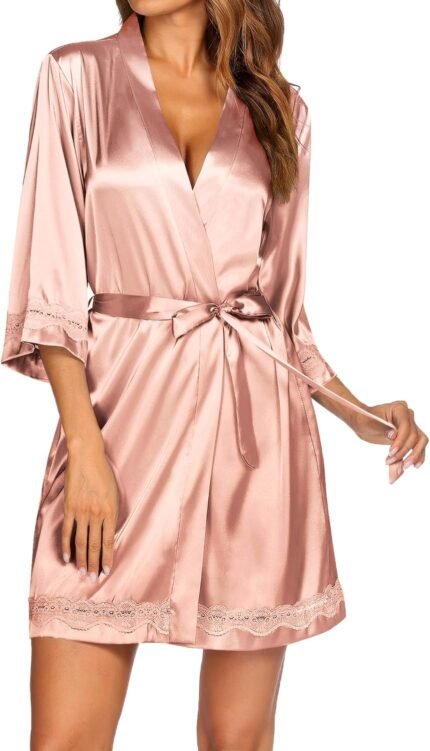Ekouaer Girls’s Lace-Trim Silk Robes Bride Bridesmaid Kimono Satin Bathrobe V Neck Sleepwear with 3/4 Sleeve