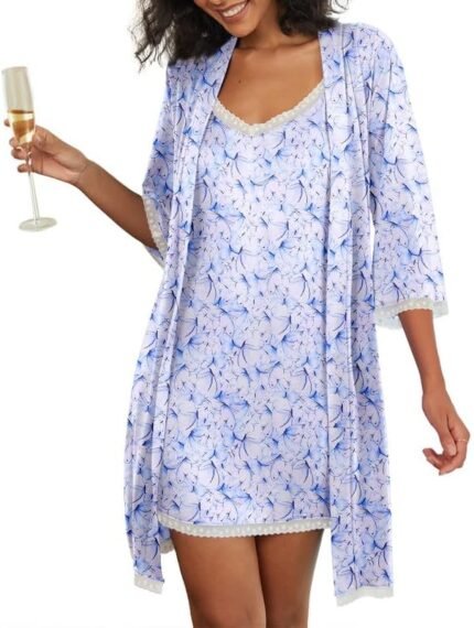 Ekouaer Girls’s Nightgown and Gown Set 3/4 Sleeves Robes 2 Piece Bathrobe Set V-neck Lace Cami Sleepwear with Pockets S-2XL Ekouaer Girls’s Nightgown and Gown Set 3/4 Sleeves Robes 2 Piece Bathrobe Set V-neck Lace Cami Sleepwear with Pockets S-2XL