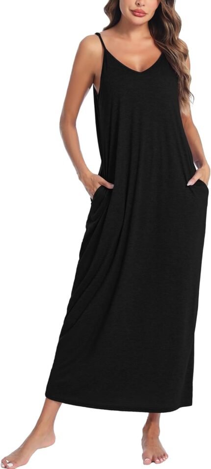 Marvmys Womens Cotton Lengthy Nightgowns Spaghetti Strap V Neck Full Slip Sleep Shirts with Pockets