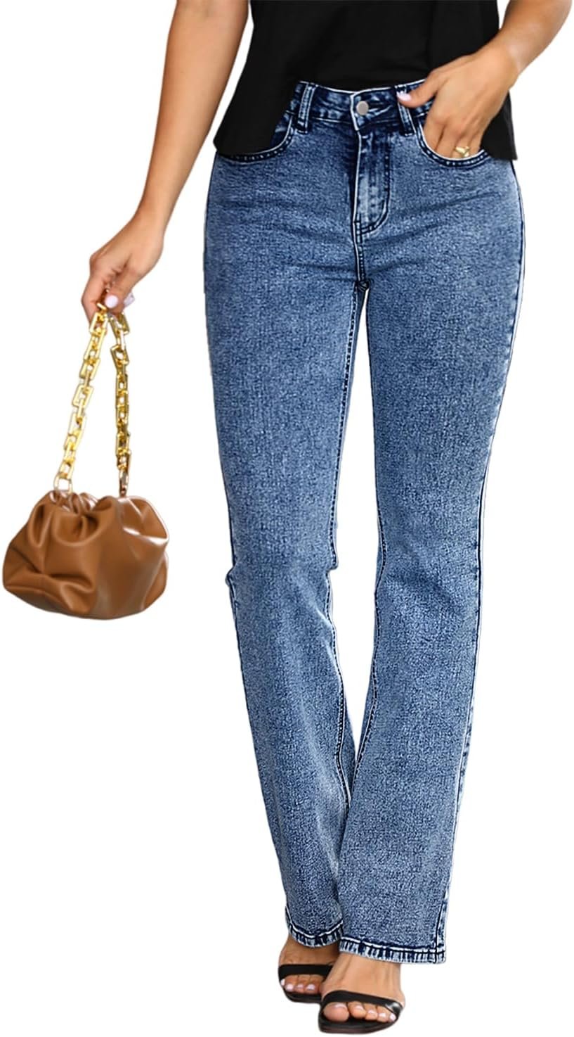 Ladies Bootcut Denims Mid Waist Informal Stretch Slim Trouser Acid Wash Flare Denim Pants with Pocket