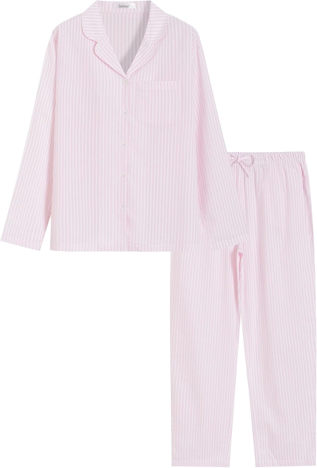 Latuza Ladies’s Cotton Lengthy Sleeve Pajama Set Seersucker Button Down Pj Set